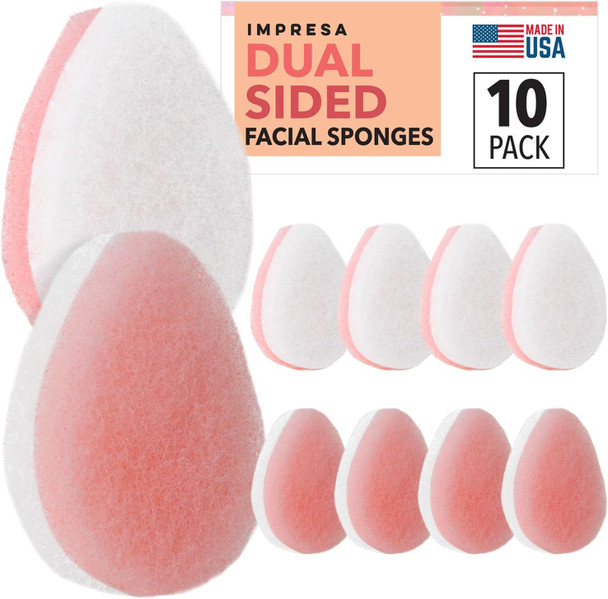 Impresa Face Scrubber Exfoliator Sponges - Regular Puff - Natural Medical-Grade Foam - 10 Pack Reusable Exfoliating Pads - Deep Cleanse & Dead Skin Removal - Normal To Oily Skin
