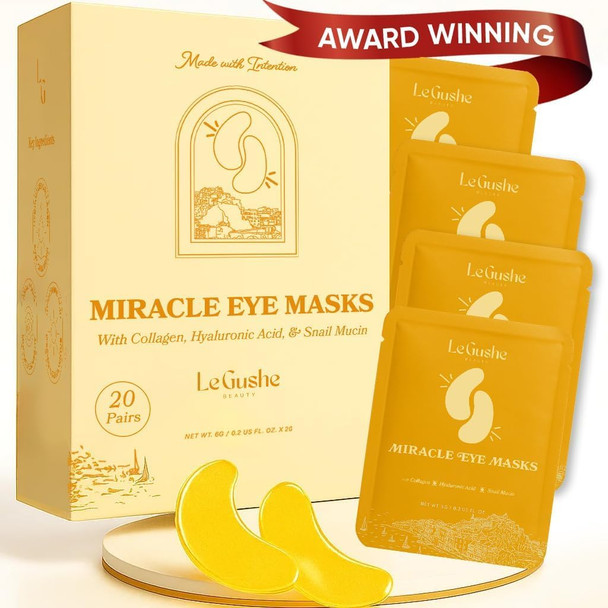 Le Gushe Gold Under Eye Patches For Puffy Eyes And Dark Circles (20 Pairs) - Hydrating Collagen Under Eye Masks With Snail Mucin - Soothing Puffy Eyes Treatment For Women & Men - Bridesmaid s
