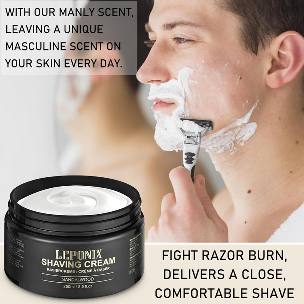 Leponix Shaving Cream Mens 8.5Oz Extra Large Shave Cream - Rich Lather Prevents Razor Burn and Irritation Moisturizes Dry Skin Gentle Formula For Seniors Secret Santa 250 ml