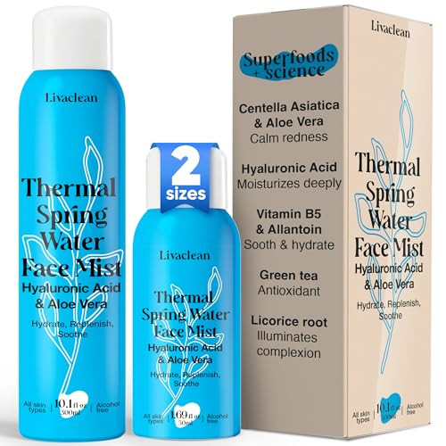 Livaclean 300Ml + 50Ml Thermal Spring Water Face Spray Mist Hydrating W/ Hyaluronic Acid & Aloe Vera - Hydrating Face Mist Soothing & Calming Mineral-Rich Skin Nourishment Refreshing 10 Fl Oz + 1.7 Fl Oz