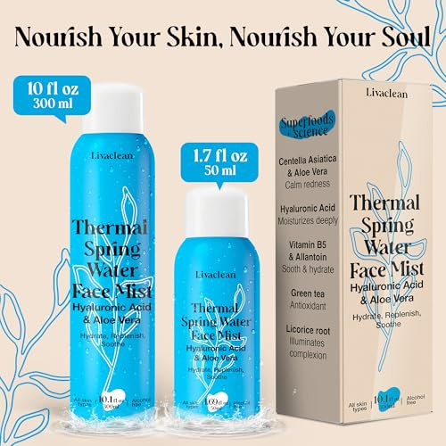 Livaclean 300Ml + 50Ml Thermal Spring Water Face Spray Mist Hydrating W/ Hyaluronic Acid & Aloe Vera - Hydrating Face Mist Soothing & Calming Mineral-Rich Skin Nourishment Refreshing 10 Fl Oz + 1.7 Fl Oz