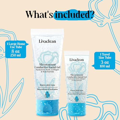 Livaclean 2 Pack Conductive Gel For Microcurrent  8Oz and 3Oz Tens Gel Conductor Facial W/Aloe Vera Hyaluronic Acid Blue Tansy and Jojoba Oil  Hydrating For All Skin Types For Microcurrent and Rf Facial Devices