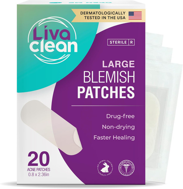 Livaclean 20 Ct Large Hydrocolloid Acne Patches - For Pore Spots Nose Face Cystic Pimple Zit Patch - Big Pimple Patches Hydrocolloid Bandages Strips