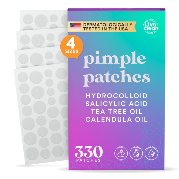 Livaclean 330 Ct Pimple Patches For Face - 100% Hydrocolloid Acne Patches - Four Sizes - Acne Dots Zit Stickers - Hydrocolloid Patch Pimple Patch Invisible - Blemish Patches