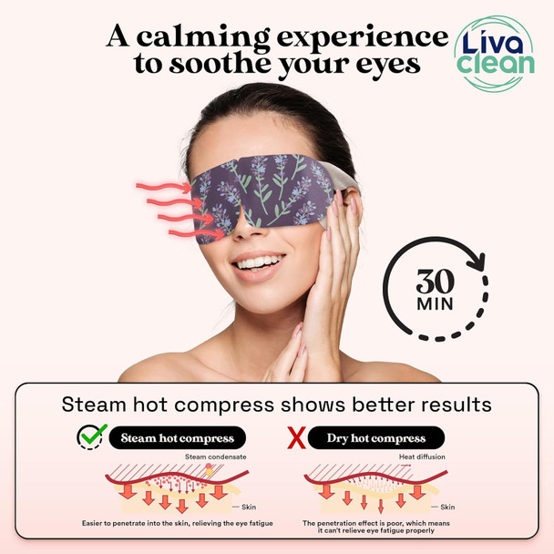Livaclean 24 Steam Eye Mask For Dry Eyes Dark Circles & Puffiness Warm & Self Heating Ear Hooks To Stay On Lavendar Chamile & Unscented Disposable