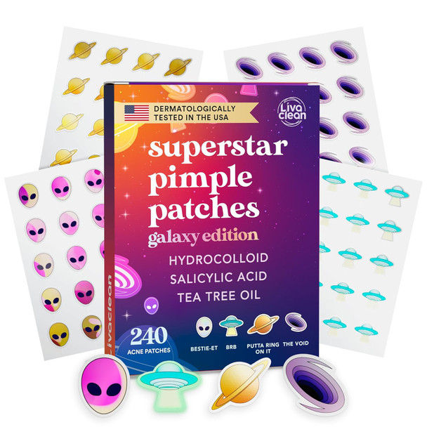 Livaclean 240 Ct Holographic Cute Acne Patches - Space Edition W/Salicylic Acid & Tea Tree Oil For Face - Hydrocolloid Star Pimple Patches
