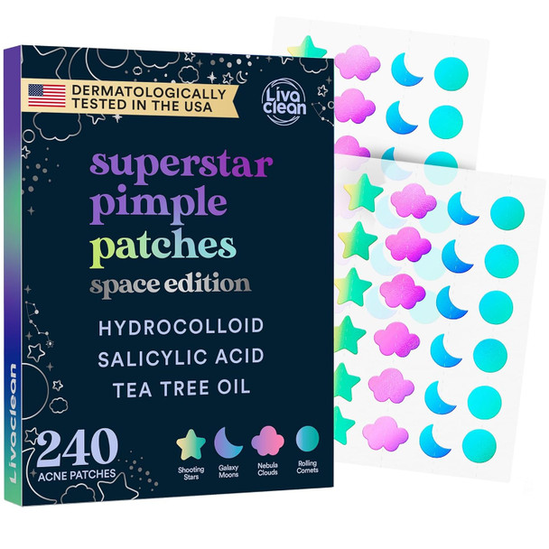 Livaclean 240 Ct Holographic Cute Acne Patches - Space Edition W/Salicylic Acid & Tea Tree Oil For Face - Hydrocolloid Star Pimple Patches