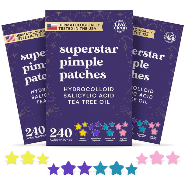 Livaclean 240 Ct Star Pimple Patches For Face + 330 Ct Acne Patches W/Tea Tree Oil Salicylic Acid | Hydrocolloid Acne Patch | Cute Star Pimple Patch For Healing Hydrocolloid Patch Zit Stickers