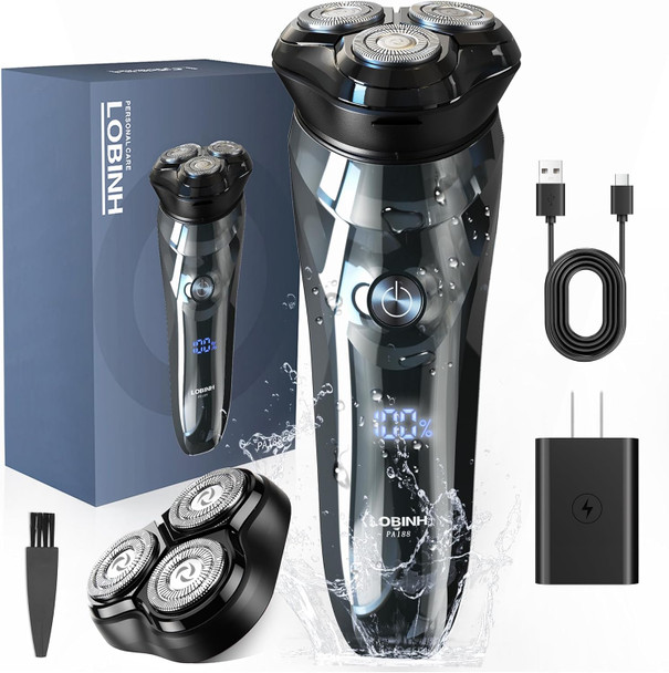 Lobinh Electric Shaver For Men 100% Washable Rechargeable Waterproof Electric Razor Wet & Dry Shaving With Pop-Up Trimmer 1 Hour Fast Charging 4D Floating Head Lcd Power Indicator