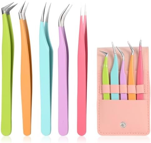 Lqoqa 5Pcs Eyelash Extension Tweezers High Precision Straight And Curved Volume Lash Tweezers For Extensions Lash Tweezers For Eyelash Extensions Crafting Girls Women Beginners