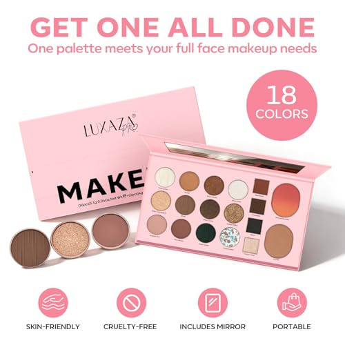 Luxaza Pro 5-In-1 Backed Eyeshadow Makeup Palette With Blush Bronzer Highlighter Natural Nude Eye Shadow Palettes 18 Colors Matte Shimmer Glitter Tone Long Lasting Smudge-Proof Ideal s For Women