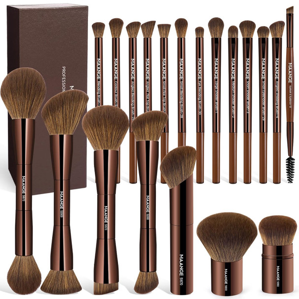Maange 20 Pcs Makeup Brushes With Box Double-End Multi-Functional Makeup Brushes For Blending Liquid Powder Concealer Cream Blush BuffeCoffeebrown