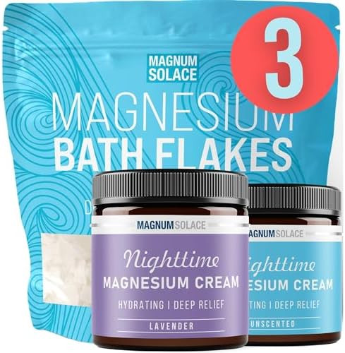 Magnum Solace 2 X Nighttime Magnesium Cream (Lavender Unscented) & Large 10 Lbs Bath Flakes: 3 Item Bundle