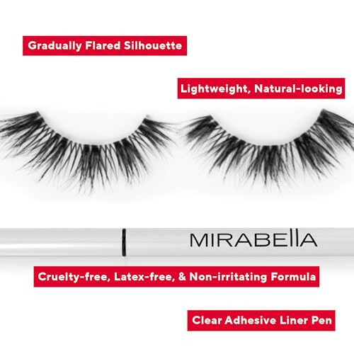 Mirabella Mink Effect Faux Lashes & Self-Adhesive Liner Set Lightweight Natural-Looking False Eyelashes With Clear Glue Eyelash Pen Cruelty-Free & Non-Irritating Synthetic Reusable Eyelashes