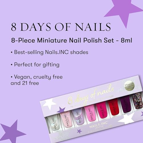 Nails Inc 8 Days Of Nails Nail Polish Set Limited Edition Holiday Stocking Stuffer Women & Girls Quick Dry Air Dry High Shine Long Lasting Ultra Glossy Manicure Trendy 8 Piece Set