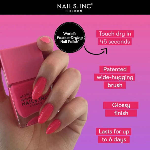Nails Inc 45 Second Speedy Gloss Nail Polish Top Coat Rapid Dry Air Dry Ultra Glossy Chip Resistant Long Wearing Streak Free Shine Strong Nail Polish Sealer Clear 0.47 Fl Oz
