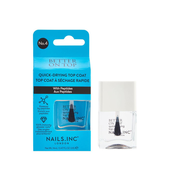 Nails Inc Better On Top With Peptides Glossy Top Coat High Shine No Chip Long Lasting Quick Dry Air Dry Professional Manicure & Pedicure Fingernails & Toenails Vegan Nail Polish 0.47 Fl Oz