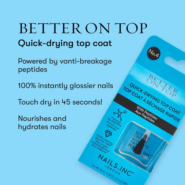 Nails Inc Better On Top With Peptides Glossy Top Coat High Shine No Chip Long Lasting Quick Dry Air Dry Professional Manicure & Pedicure Fingernails & Toenails Vegan Nail Polish 0.47 Fl Oz
