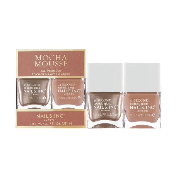 Nails Inc 45 Second Speedy Gloss Mocha Mousse Nail Polish Duo Espresso Nude Shades Brown Hues Glossy No Chip Long Lasting Quick Dry Air Dry Professional Manicure & Pedicure Vegan 2 Piece Set