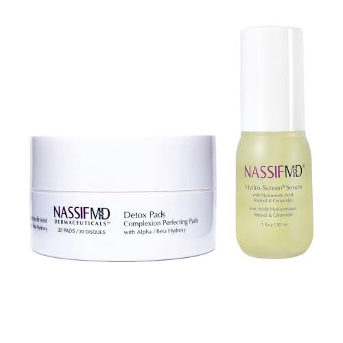 Nassifmd Detox Pads & Hydro Screen Serum Bundle Exfoliate & Hydrate Glycolic Acid Pads & Retinol Serum Face Exfoliating Pads & Ceramide Serum