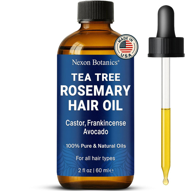 Nexon Botanics Tea Tree Rosemary Oil For Hair Growth 2 Fl Oz - Scalp Treatment With Castor Frankincense & Avocado Oils - For Dry Damaged Hair -
