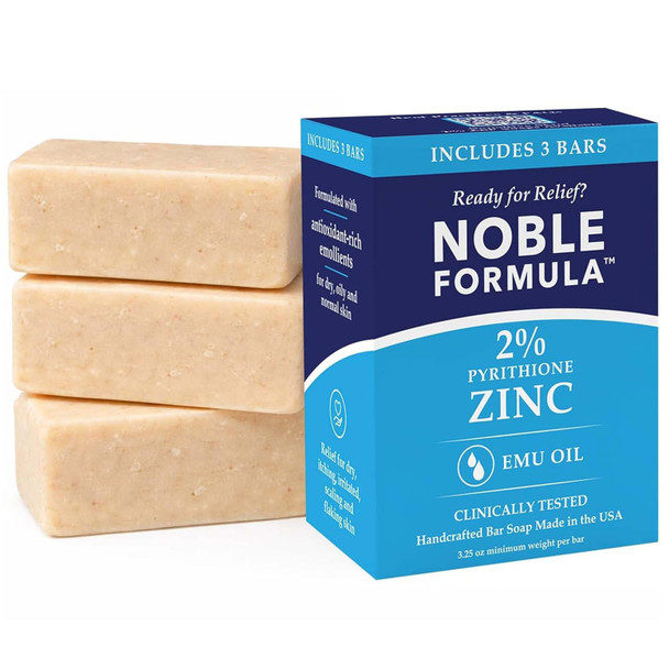 Noble Formula 2% Pyrithione Zinc (Znp) Emu Oil Bar Soap Especially Formulated For Acne Psoriasis And Eczema Safe For Daily Use And All Skin Types 3 Bars In 1 Box Total 9.75 Oz