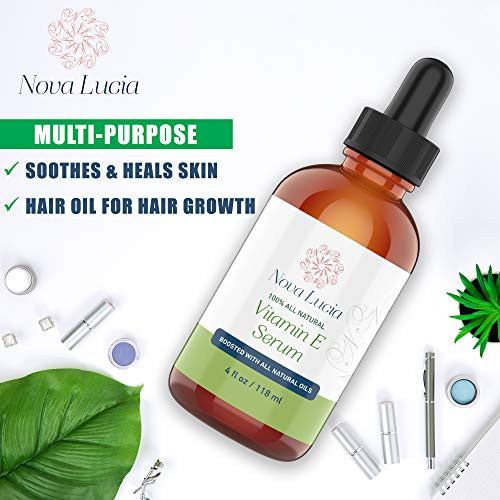 Nova Lucia Organic Vitamin E Oil Pure Vitamin E For Skin Face & Hair | Scar & Stretch Mark Treatment Natural Moisturizer For Soft Smooth Hydrated Skin 4 Oz