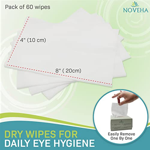 Noveha 60Pcs Dry Wipes - Gentle & Hypoallergenic Daily Eye & Nasal Cleanser Wipes - Makeup Removal - Calm Relieve Soothe Hydrate Your Skin Naturally - Can Be Use With Our Foam And Cleanser Line