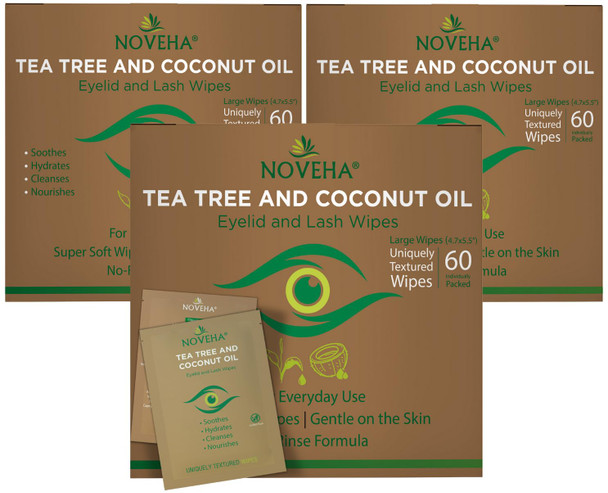 Noveha 60Pcs Tea Tree & Coconut Oil Eyelid & Lash Wipes - For Demodex Blepharitis & Itchy Eyes Individually Wrapped Eyelash Wipes With Aloe Vera Natural Makeup Remover & Daily Eye Cleanser