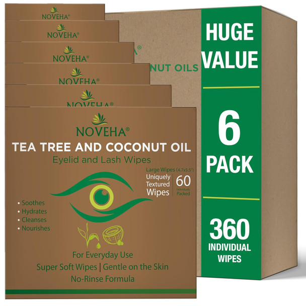Noveha 60Pcs Tea Tree & Coconut Oil Eyelid & Lash Wipes - For Demodex Blepharitis & Itchy Eyes Individually Wrapped Eyelash Wipes With Aloe Vera Natural Makeup Remover & Daily Eye Cleanser