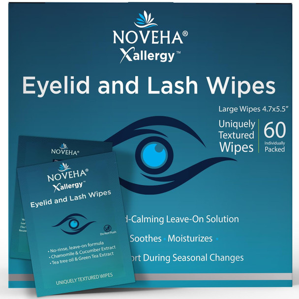 Noveha 60Pcs Allergy Relief Eyelid Wipes | Pre-Moistened Hypoallergenic Eye Cleansing Pads Reduce Itchiness Redness & Discomfort Caused By Allergy Clean Soothe & Remove Debris (1 Pack)