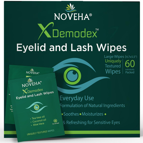 Noveha Demodex Eyelid & Lash Wipes | Box Of 60 Individually Wrapped Extra Strength Cleansing Eyelash Wipes - Battles Irritated Eyes - Naturally Remove Debris (Pack Of 3)