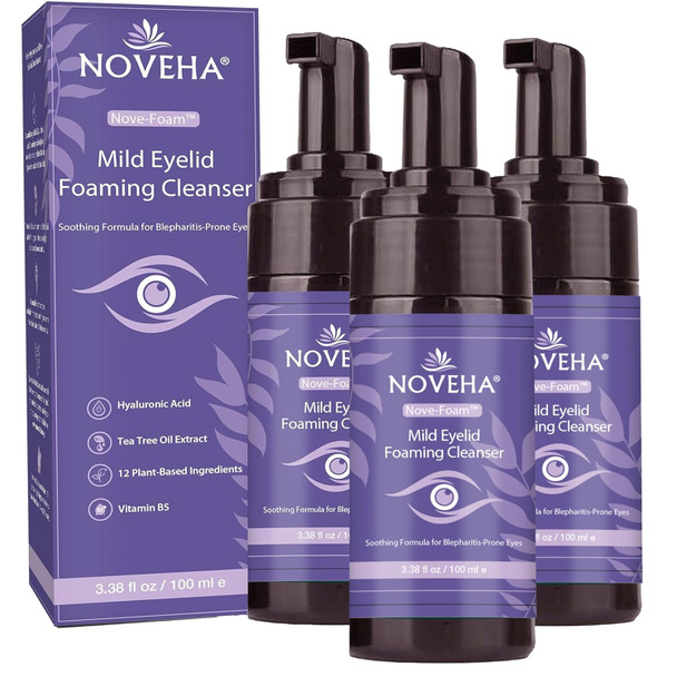 Noveha Lavender And Tea Tree Oil Eyelid Foaming Cleanser | Hydrating Hypoallergenic Daily Soap For Eyelashes And Lids For Demodex Mgd Stye Eye Eye Irritations & Dry Skin | 3.38 Fl Oz (100Ml)