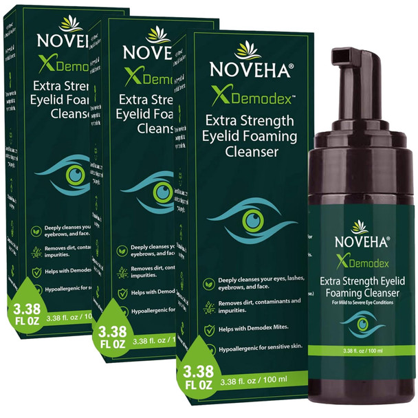 Noveha Demodex Eyelid Cleanser Foam | Extra Strength Tea Tree Oil Formula | Daily Face Wash For Eyelash Demodex Mgd Stye Eyes Eye Irritations & Skin Dryness 3.38 Fl Oz (100Ml)