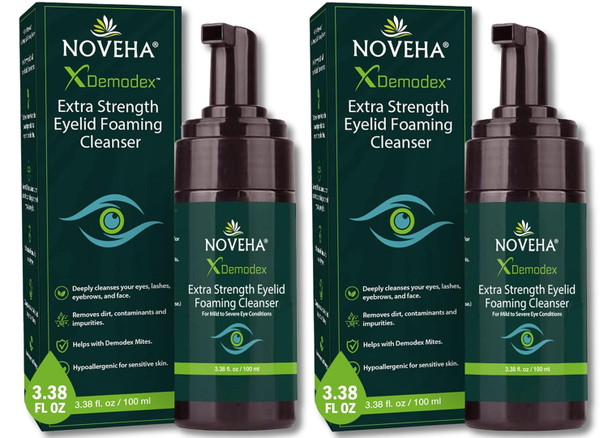 Noveha Demodex Eyelid Cleanser Foam | Extra Strength Tea Tree Oil Formula | Daily Face Wash For Eyelash Demodex Mgd Stye Eyes Eye Irritations & Skin Dryness 3.38 Fl. Oz. (100Ml) - (Pack Of 2)