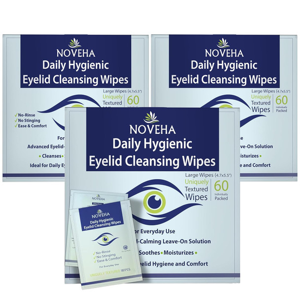 Noveha 60Pcs Daily Hygienic Eyelid & Lash Wipes | For Blepharitis & Itchy Eyes Demodex | Individually Wrapped Refreshening Eyelid Wipes Natural Makeup Remover & Calming Moisturizer