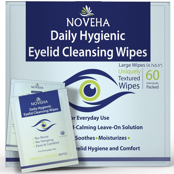 Noveha 60Pcs Daily Hygienic Eyelid & Lash Wipes | For Blepharitis & Itchy Eyes Demodex | Individually Wrapped Refreshening Eyelid Wipes Natural Makeup Remover & Calming Moisturizer