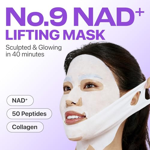 Numbuzin No.9+ Nad+ Bio Lifting Full Face Mask Peptide & Collagen Two-Piece Firming Mask For A Smooth Defined-Looking Skin Finish 4 Sheets + Lifting Band