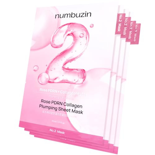 Numbuzin No.2 Sheet Mask | Rose Pdrn Collagen Plumping Sheet Mask | Korean Mask For Face | Brightening Hydrating Firming And Moisturizing | Collagen Peptides Pdrn | 4Ea