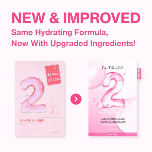 Numbuzin No.2 Sheet Mask | Rose Pdrn Collagen Plumping Sheet Mask | Korean Mask For Face | Brightening Hydrating Firming And Moisturizing | Collagen Peptides Pdrn | 4Ea