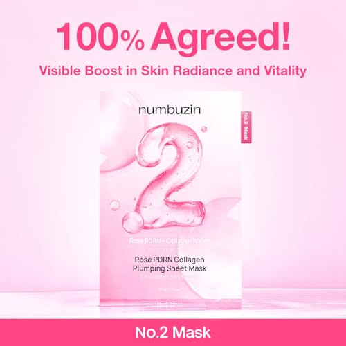 Numbuzin No.2 Sheet Mask | Rose Pdrn Collagen Plumping Sheet Mask | Korean Mask For Face | Brightening Hydrating Firming And Moisturizing | Collagen Peptides Pdrn | 4Ea