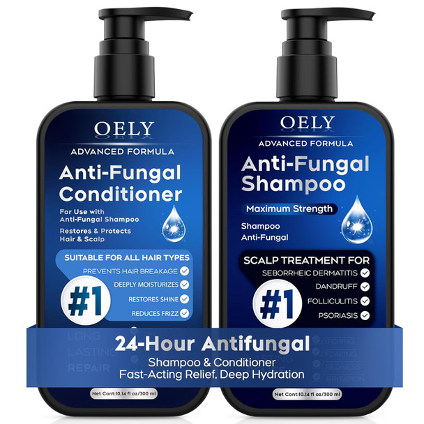 Oely Antifungal Shampoo & Conditioner Set: For Folliculitis Scalp Psoriasis & Seborrheic Dermatitis Relieves Redness Itching Flaking & Dryness Strengthens Repairs & Boosts Shine - 20.28 Fl.Oz