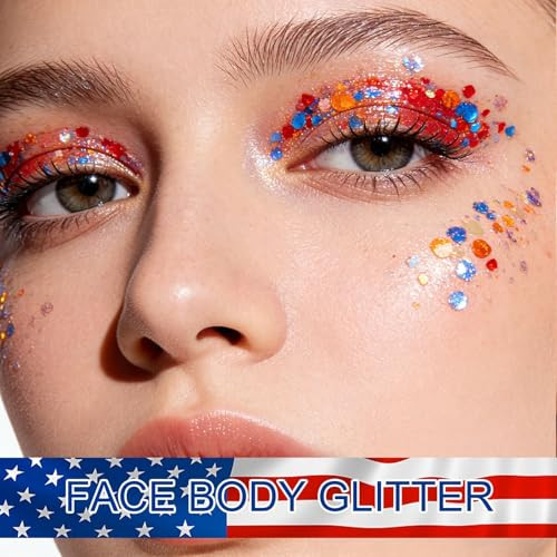 Oetuiow Body Face Glitter For Women Girls - Temporary Face Tattoos Waterproof No Skin Irritation For Singer Concerts Mermaid Festival Sequins Teen Makeup (Fourth Of July Body Glitter)