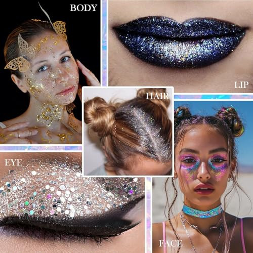 Oetuiow Body Face Glitter For Women Girls - Temporary Face Tattoos Waterproof No Skin Irritation For Singer Concerts Mermaid Festival Sequins Teen Makeup (Fourth Of July Body Glitter)