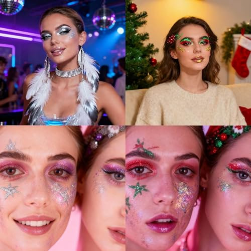 Oetuiow Body Face Glitter For Women Girls - Temporary Face Tattoos Waterproof No Skin Irritation For Singer Concerts Mermaid Festival Sequins Teen Makeup (Fourth Of July Body Glitter)