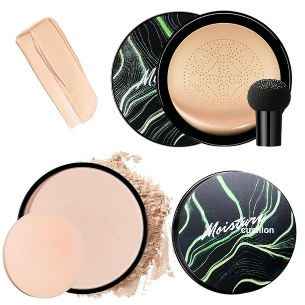 Oetuiow Mushroom Head Air Cushion Cc Cream With Setting Powder Makeup Set Controls Shine & Smooths Complexion Blurs Fine Lines & Imperfections Even Skin Tone For All Skin Types (Natural Color)