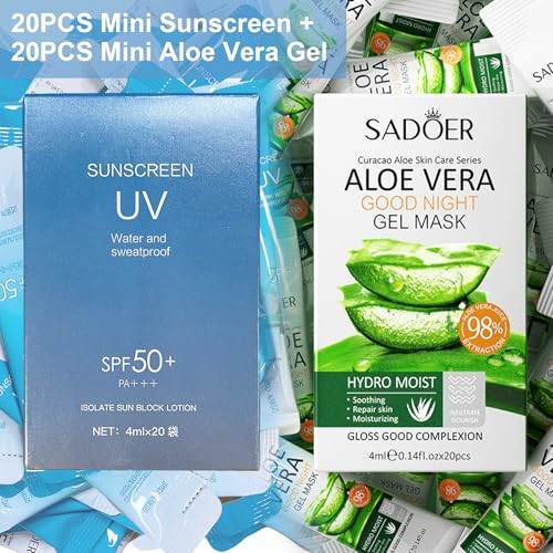 Okerker 20Pcs Mini Sunscreen & 20Pcs Mini Aloe Vera Gel - Travel Size Bulk Sunscreen & Aloe Vera Gel (4Ml Each) Lightweight & Non-Greasy & Hydrating Perfect For Outdoor Party Thank You s Daily Use