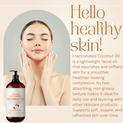 Pomberries Organic Fractionated Coconut Oil 16 Fl Oz Glass Bottle | 100% Pure & Natural Lightweight Coconut Oil For Skin Hair & Body | Carrier Oil For Essential Oils Massage & Diy Blends