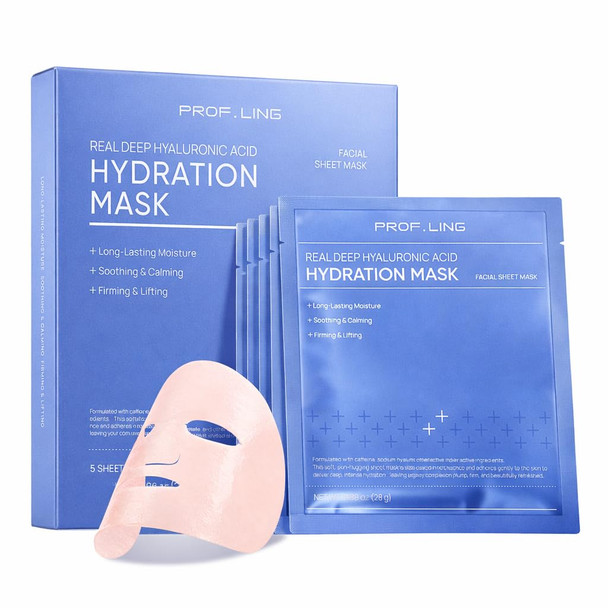 Prof.Ling Prof. Ling Full-Spectrum Hyaluronic Acid Face Mask Deep Hydrating Firming & Soothing Sheet Mask For Sensitive Skin Plumping & Anti-Wrinkle Facial Treatment-5Ea