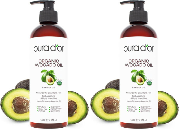 Pura D'Or 16 Oz Organic Avocado Oil - 100% Pure & Natural Usda Certified Cold Pressed Carrier Oil For Diy Beauty Non-Greasy Unscented Hexane Free Liquid Moisturizer - Face Skin & Hair - Men & Women